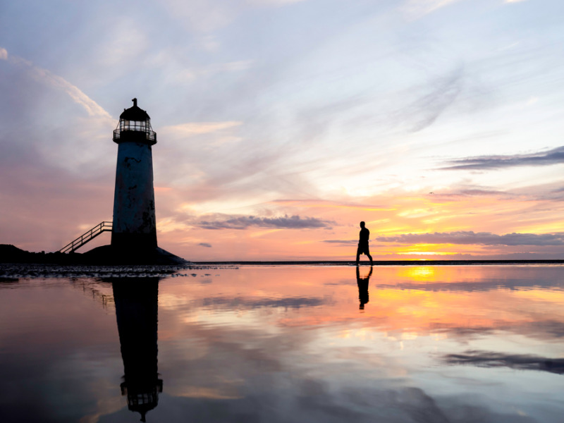 Lighthouse Standing In Pool Of Water Stunning Sunset Reflection Reflected