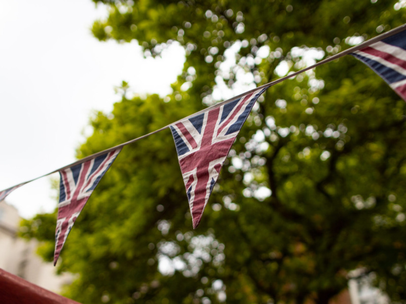 United Kingdom Triangle Flags Hanging On A Line