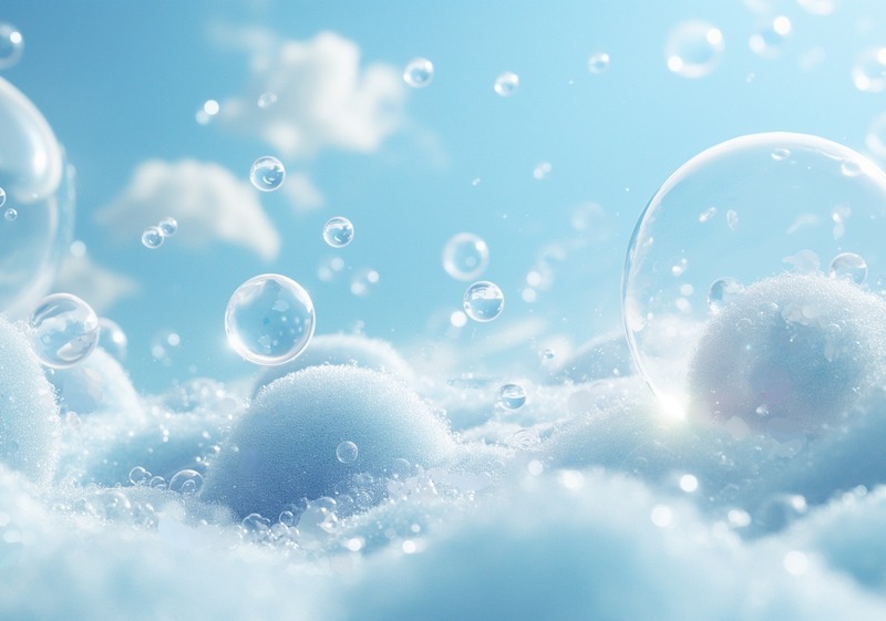 Close-up Of Soap Bubbles Floating Over A Fluffy  Cloud-like Surface